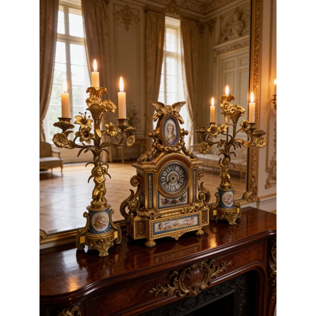 Antique French Japy Frères Ormolu & Sevres Style Porcelain Clock Garniture Set – True Masterpiece For Sale - Image 18 of 18