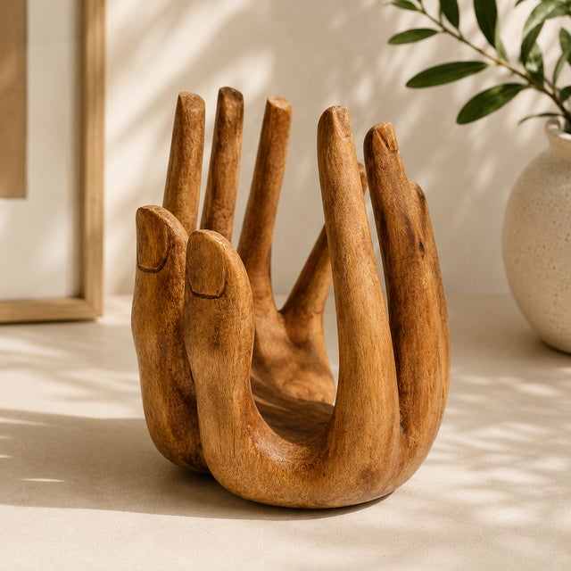 Extremely unique vintage hand carved wooden sculpture featuring two stylized hands forming an open bowl shape. Beautiful...