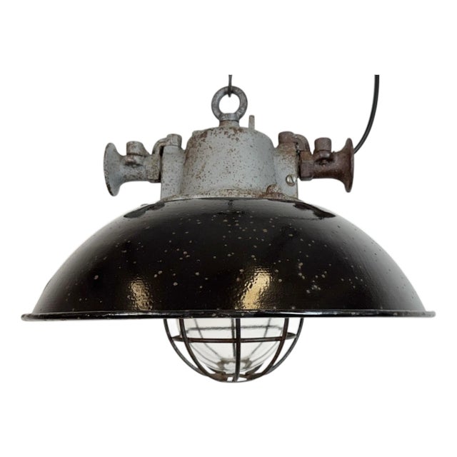Industrial Black Enamel and Cast Iron Cage Pendant Light from Elektrosvit, 1960s For Sale