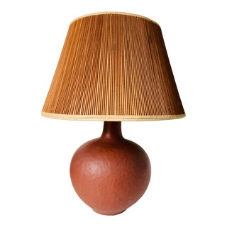 Vintage Mid 20th Century Chalkware Table Lamp and Pleated Shade in Terracotta Color For Sale