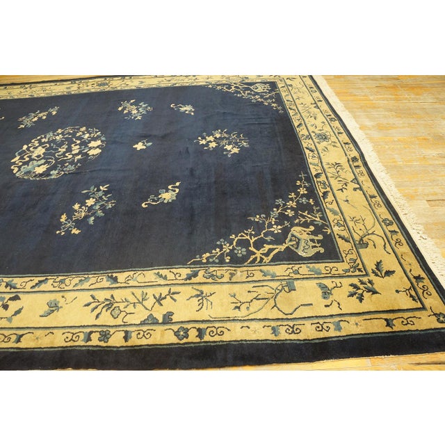 Gorgeous Navy Background Color and Beige Border With Floral-Medallion Design Antique Chinese Peking Rug For Sale - Image 4 of 9