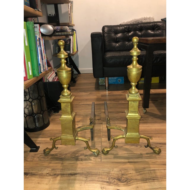 Pair of time honored classical design ball and claw solid brass large andirons, with beautiful patina, however they can be...
