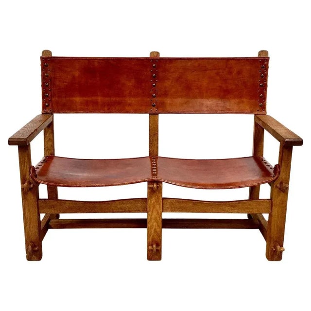 Wood Vintage French Castle Bench in Oak and Leather, 1920s For Sale - Image 7 of 8