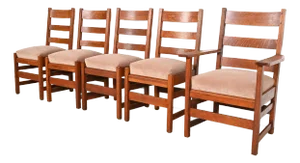 L. & J. G. Stickley Antique Mission Oak Arts & Crafts Ladder Back Dining Chairs, Set of Five