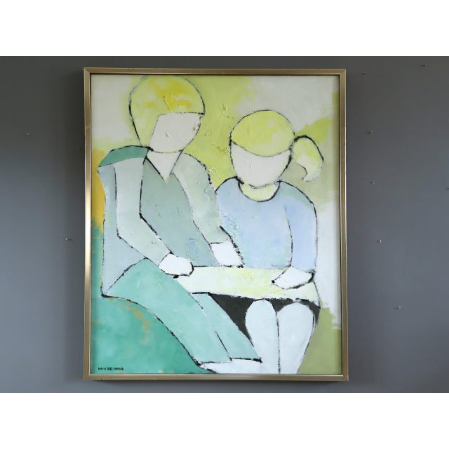 AFTERNOON LESSON Oil on canvas Size: 32.3 x 27.6 inches (including frame) A outstanding mid-century modernist abstract...
