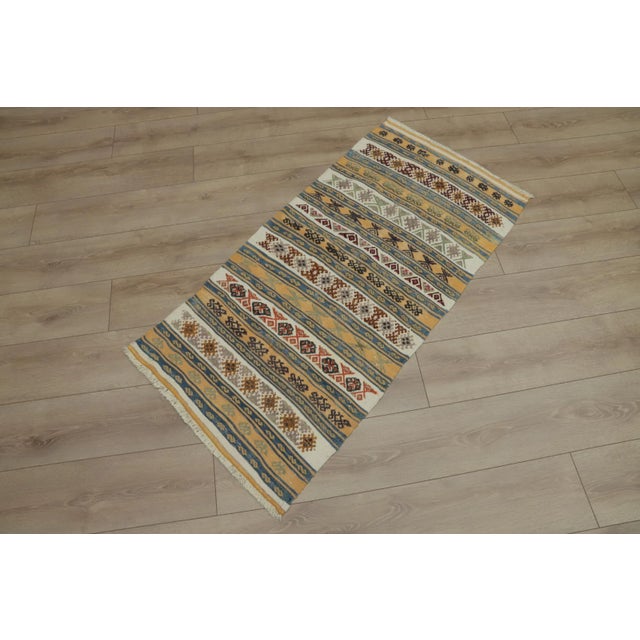 Tribal 1960s Ethnic Design Ikat Tribal Yellow Striped Kilim Rug For Sale - Image 3 of 13
