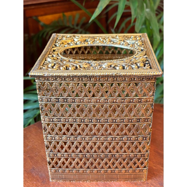Hollywood Regency Gold Ormolu Filigree Tissue Holder Cover For Sale - Image 4 of 7