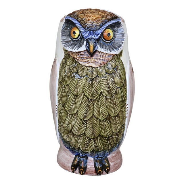 Vintage 1970s Italian Hand-Painted Ceramic Owl Umbrella Stand - Model 1479 For Sale