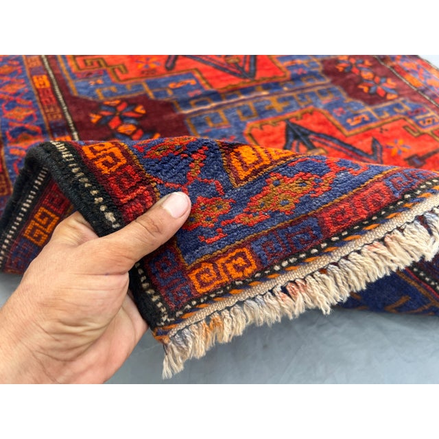 Textile 2'10 X 3'10 Ft Vintage Afghan Hand-Knotted Tribal Rug Red Blue Geometric Pattern Rug For Sale - Image 7 of 12