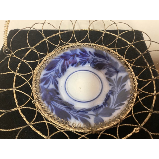 Traditional Antique German Wirework Basket With a Flow Blue and White Porcelain Dish. For Sale - Image 3 of 5