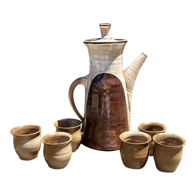 Vintage Original Studio Pottery Tall Teapot With Cups For Sale