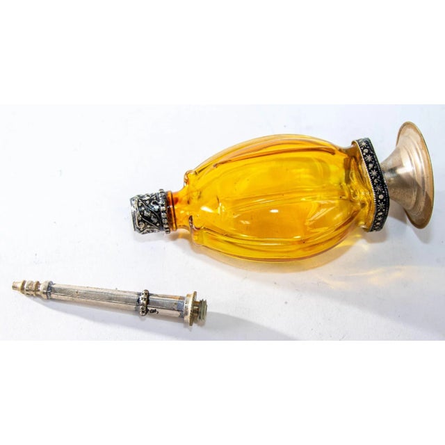Late 20th Century Moroccan Footed Glass Perfume Bottle Sprinkler With Embossed Metal Overlay For Sale - Image 5 of 7