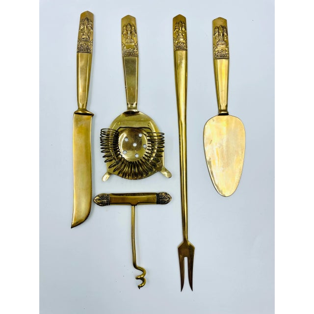 Asian Mid-Century 9-Piece Asian Brass Barstool Set in Original Custom Case For Sale - Image 3 of 13