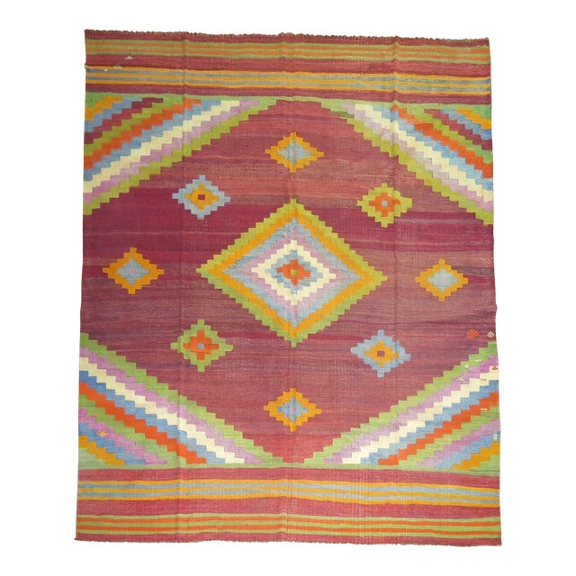 Vintage Turkish Kilim Flat-Weave Carpet - 9' x 10'11" For Sale