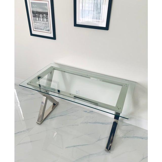 Modern Glass Desk Table With Silver Polish Chrome Cross Base Chairish