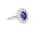 Art Deco platinum ring featuring dual-certified 1.89 carat oval blue sapphire with medium strong saturation surrounded by...
