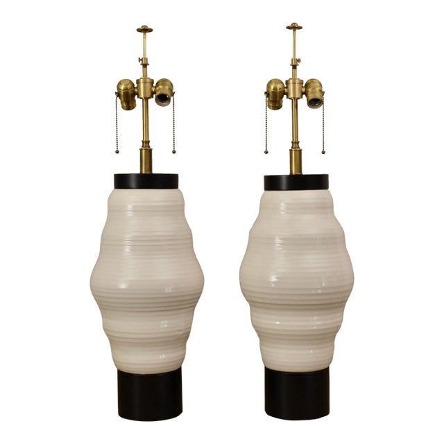 Modernist Ribbed Ceramic Lamps on Wood Bases - A Pair For Sale