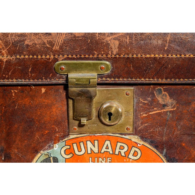 Brown Timeworn Antique English Leather Cunard Label Case Box Home Decor Prop Storage For Sale - Image 8 of 17