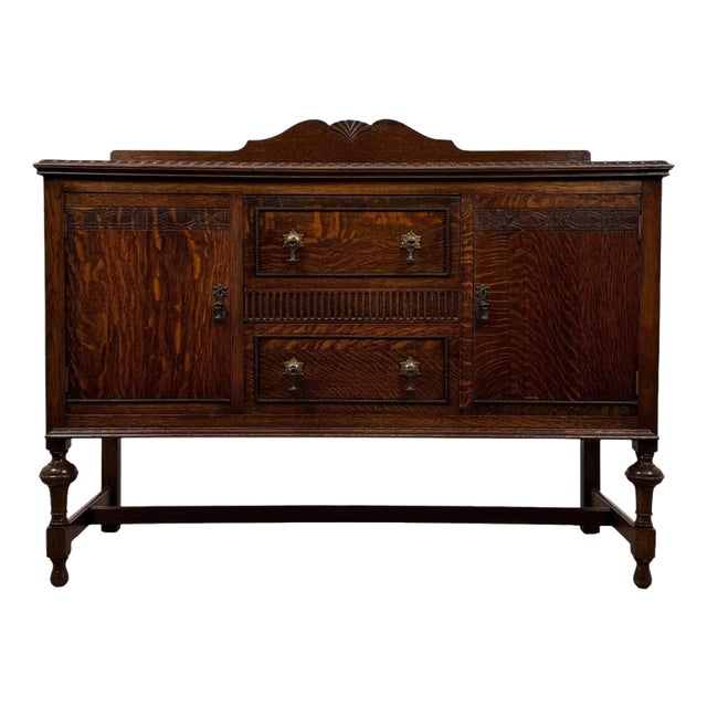 Antique English Edwardian Carved Oak Sideboard For Sale