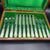 Set in a fitted oak box, awaiting a monogram, this chic fruit/dessert set has mother of pearl handles and silverplate...