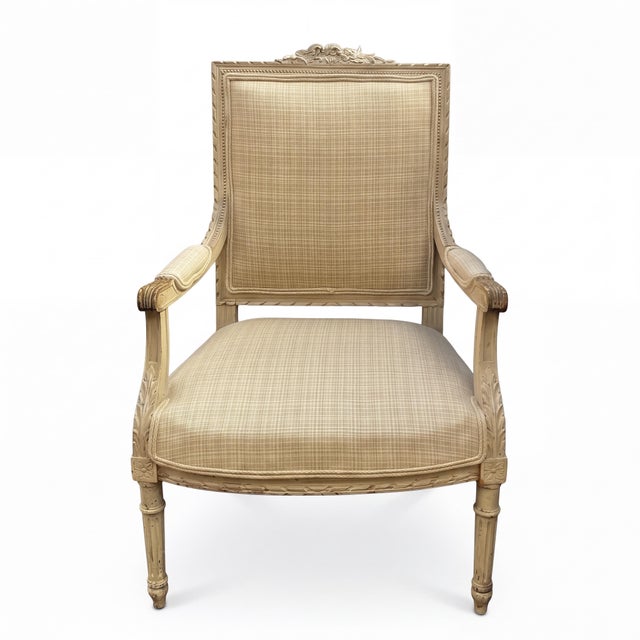 Antique French Carved Fruitwood Louis XVI Style Bergere in Neutral Linen - Pair For Sale - Image 12 of 12