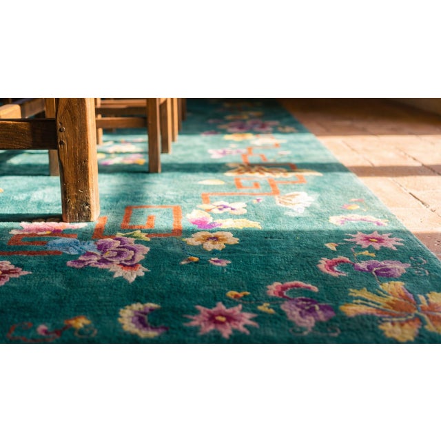 1920s Green Flowers Modern Antique Chinese Art Deco Carpet 8'9" X 11'6" Knotted Pile Wool Rug For Sale - Image 10 of 12