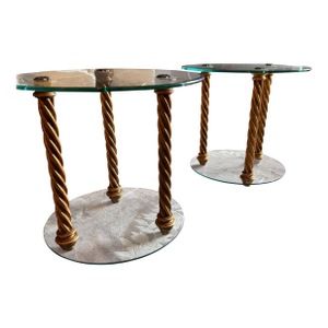 Hollywood Regency Glass and Gilt Side Tables a Pair