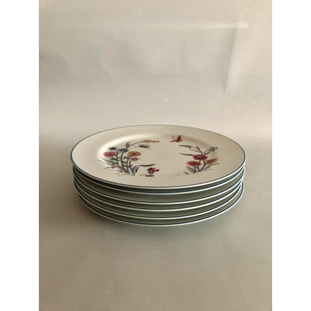 Vintage set of six floral and butterfly design porcelain dinner plates 10.25"D , makers mark reads " Jardin by Andrea...