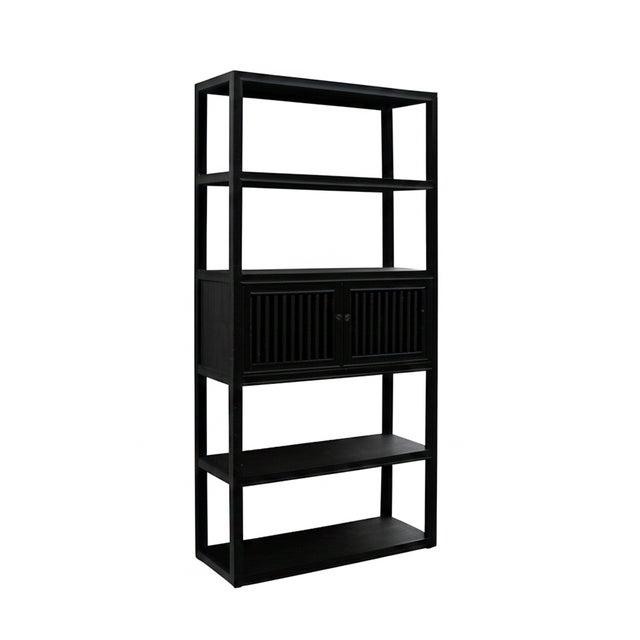 Asian Black Bar Shutter Doors Minimalistic Bookcase Divider Cabinet Etagere For Sale - Image 3 of 4