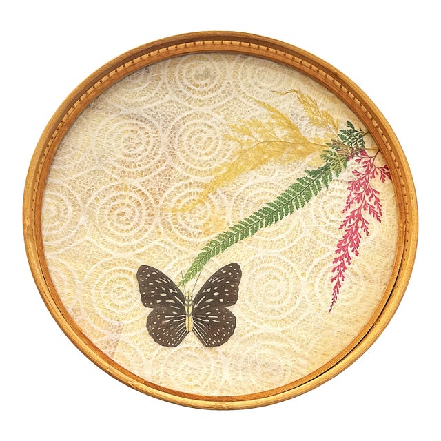 Vintage Butterfly Rattan Trimmed Serving Tray / Platter For Sale