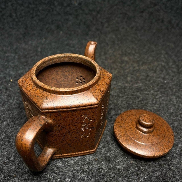 Vintage Yixing Zisha Teapot - Hexagonal Clay Teapot With Landscape Motif For Sale - Image 4 of 9