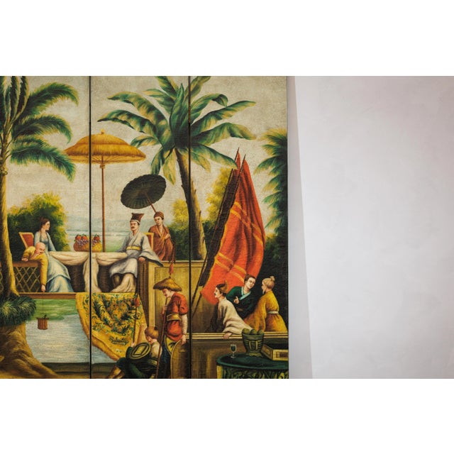 Red Hand-Painted Four-Panel Chinese Export Screen with Tropical Court Scene For Sale - Image 8 of 12