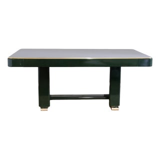 Green Lacquered Console Table with Leather Top and Brass Details, 1970s For Sale