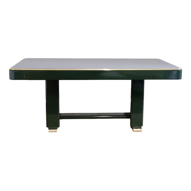 Green Lacquered Console Table with Leather Top and Brass Details, 1970s For Sale