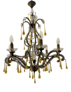 Crystal Beaded Murano Glass Drop Chandelier, 1950s