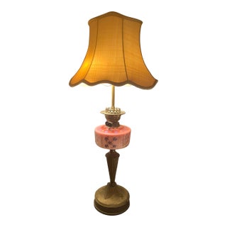 Late 19th Century Victorian Painted Pink Glass Oil Converted Electric Lamp For Sale