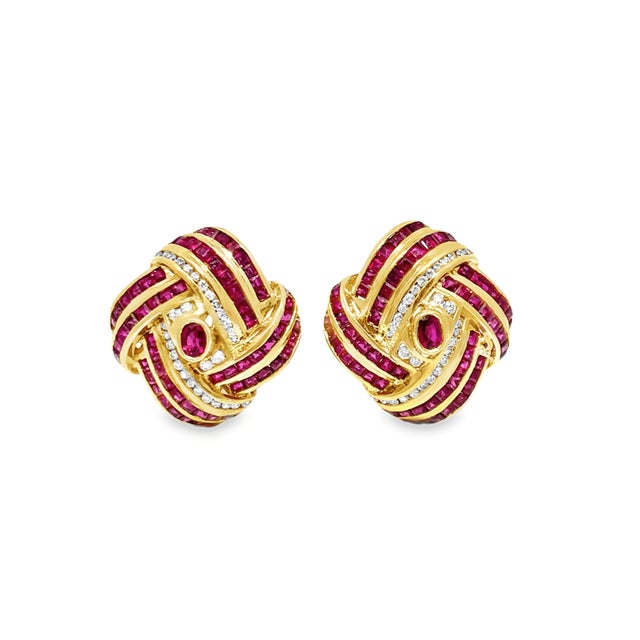 18k Yellow Gold 4cts Rubies & 0.60cts Diamonds Studded Ribbon Wave Earrings, A Pair For Sale - Image 11 of 11