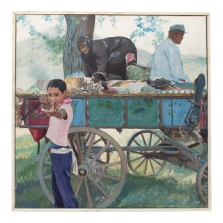 Vintage Oil Painting of Boy With Slingshot and Travelers in Horse Drawn Cart For Sale
