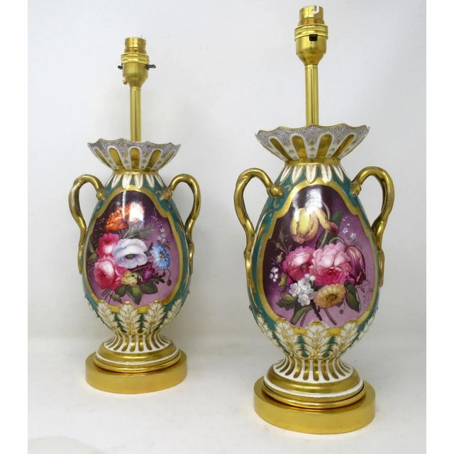 An Exceptionally Fine Pair of English Staffordshire Porcelain Mantle Vases now converted to electric Table Lamps of medium...