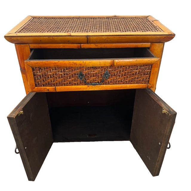1960s Mid Century Nightstand Cabinet Double Doors Drawer Wicker and Bamboo Petite Size For Sale - Image 4 of 10