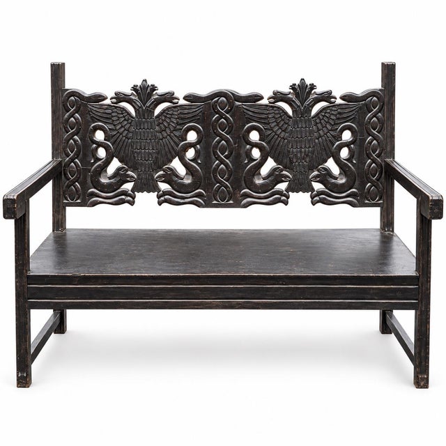 Early Continental Renaissance Style Carved Oak Hall Bench Settee - Double Eagle Serpent For Sale - Image 9 of 9