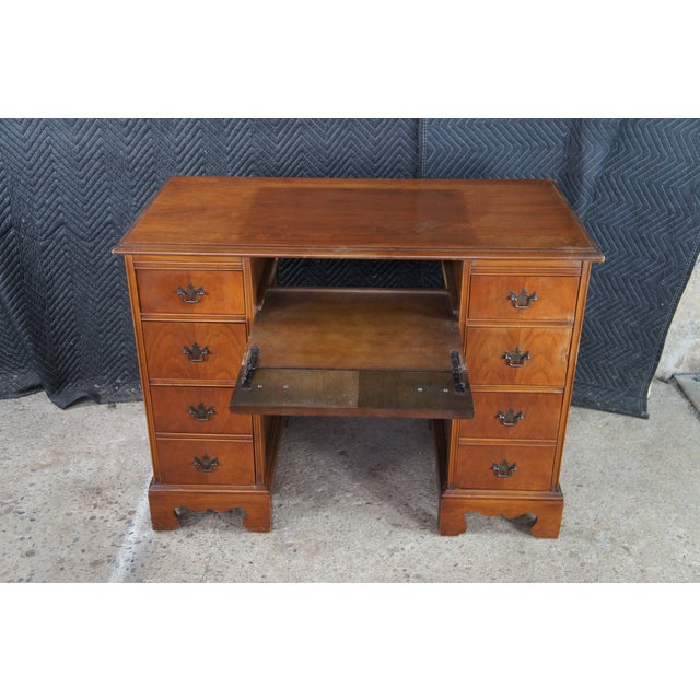 1940s Mid Century English Chippendale Style Walnut Kneehole Typewriter Writing Desk For Sale - Image 4 of 14