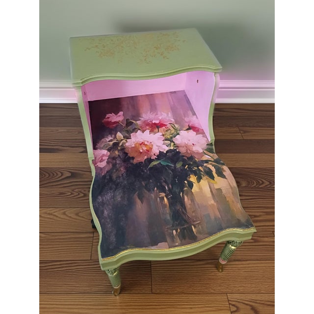 Whimsical Cottage Revival Artichoke Green & Peony Tiered Side Table For Sale - Image 10 of 12