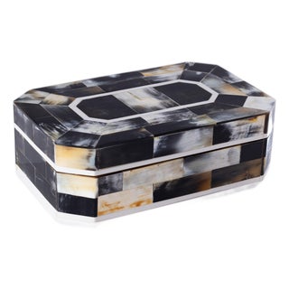 Baldur Black Horn Inlaid Decorative Box with Ivory Trim, 9" x 6" x 3" For Sale