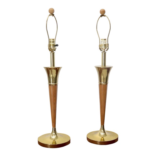 Pair of Walnut and Brass Mid-Century Modern Table Lamps For Sale