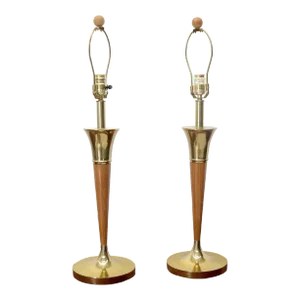Pair of Walnut and Brass Mid-Century Modern Table Lamps