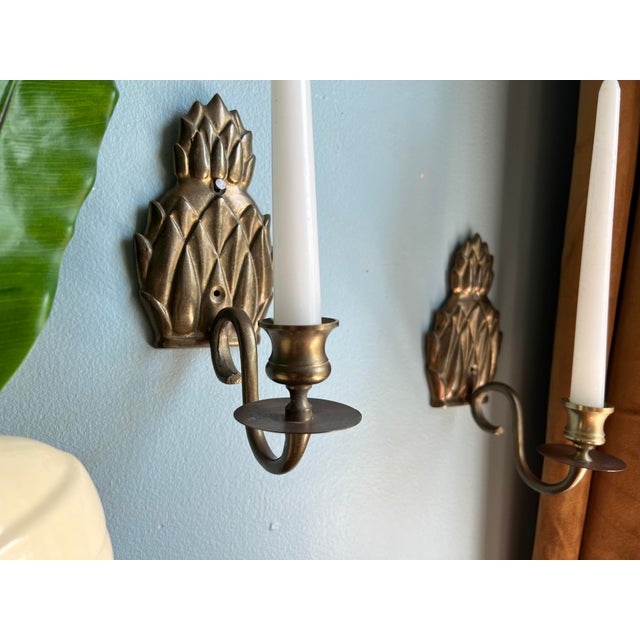 Vintage Brass Pineapple Candle Wall Sconces - a Pair For Sale - Image 11 of 12