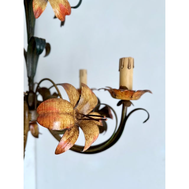 Metal Vintage Italian Florentine Hand-Painted Tole Floral 5-Light Chandelier, 1940s For Sale - Image 7 of 18
