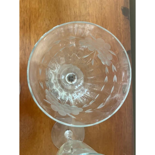 American Vintage Etched Crystal Wine Goblets Set of 6 For Sale - Image 3 of 3