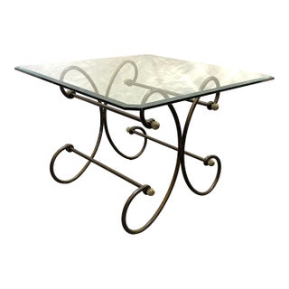 Vintage Scroll Wrought Iron and Brass Square Coffee Table With Beveled Glass Top For Sale